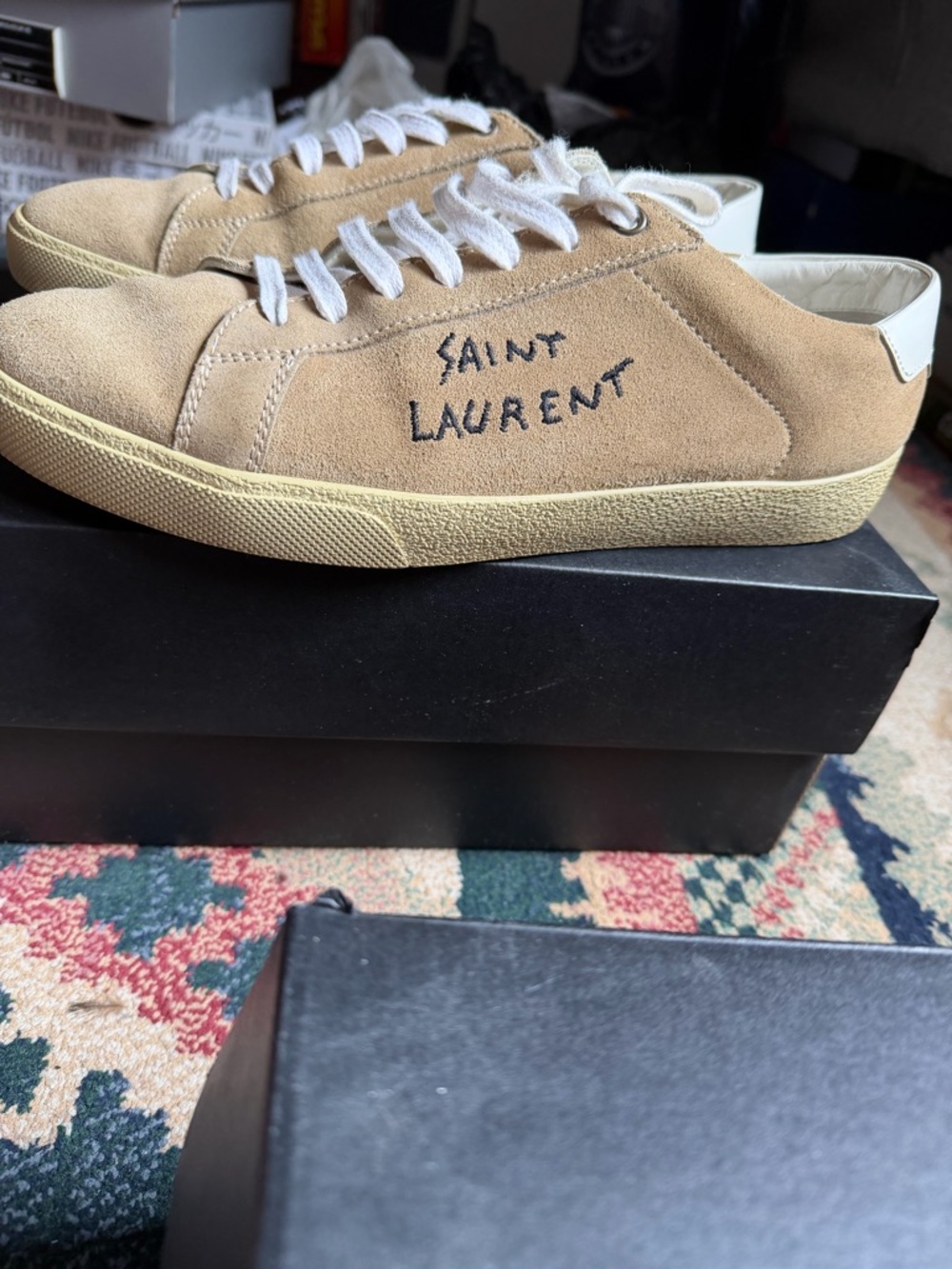 Saint Laurent Tan Suede Low-Top Sneakers with White Heel Tab